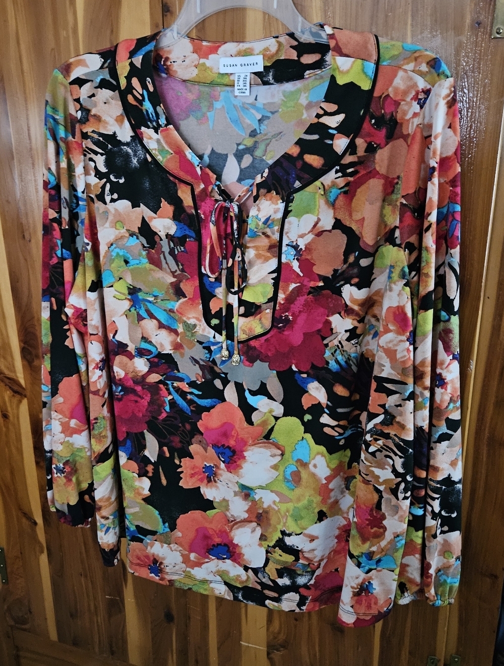 Susan Graver Black Multicolor Floral Tie-Neck Long Sleeve Top 2X
